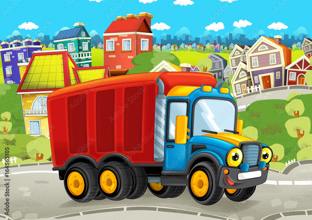 Naklejka premium happy and funny cartoon truck looking and smiling driving through the city - illustration for children