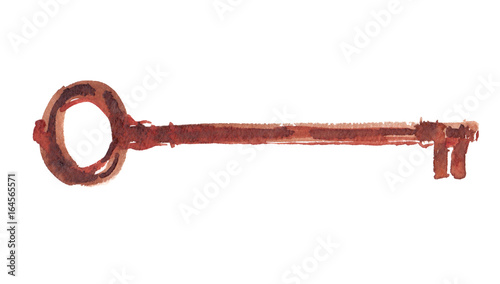 Single long vintage rusty skeleton key painted in watercolor on clean white background