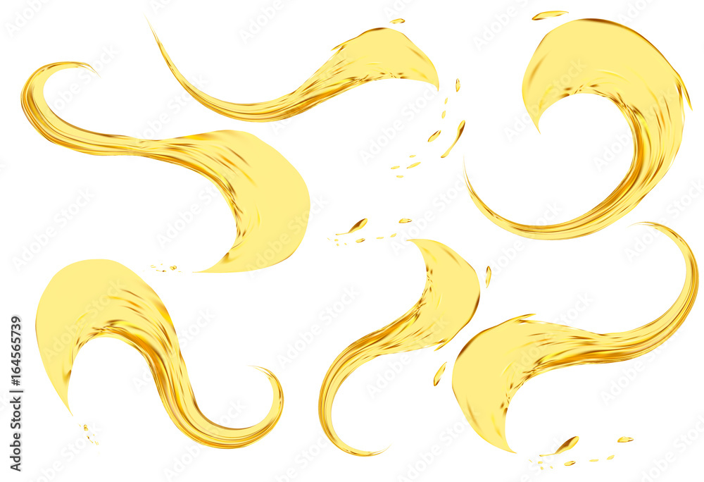 Oil splashing isolated on white background. Vector 3d illustration set. Realistic yellow liquid with drops Oil splashing isolated on white background. Vector 3d illustration set. Realistic yellow liquid with drops