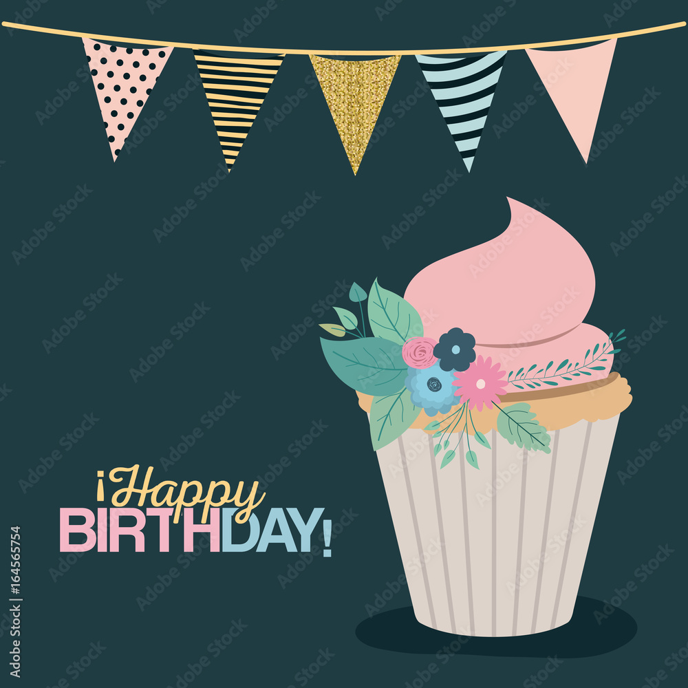Fototapeta color dark green background with decorative flags to party and sweet cupcake and text happy birthday vector illustration