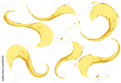 Oil splashing isolated on white background. Vector 3d illustration set. Realistic yellow liquid with drops