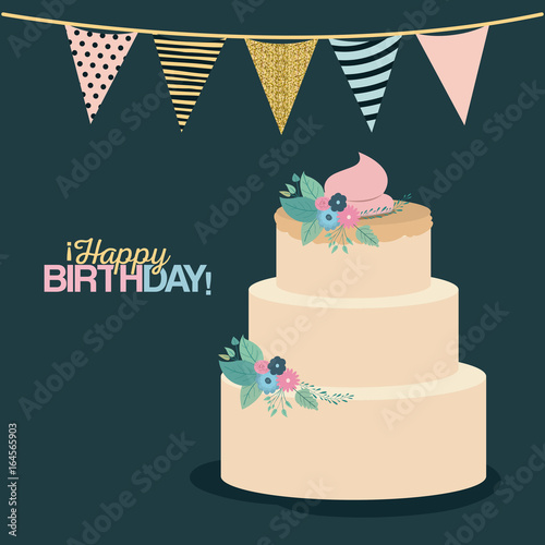 color dark green background with decorative flags to party and multi-storey cake and text happy birthday vector illustration