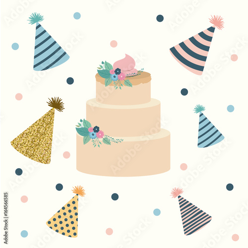 white dotted background with decorative party hat sets and multi-storey cake in the center vector illustration