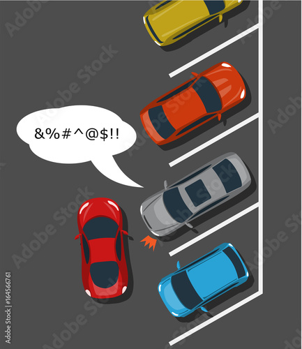 Bad car parking top view illustration. Inappropriate parking. Rude driver bad parked. Vector illustration.