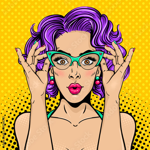 Wow pop art female face. Closeup of sexy surprised young woman with wide open eyes, open mouth and bright curly hair holding her glasses. Vector colorful background in pop art retro comic style.