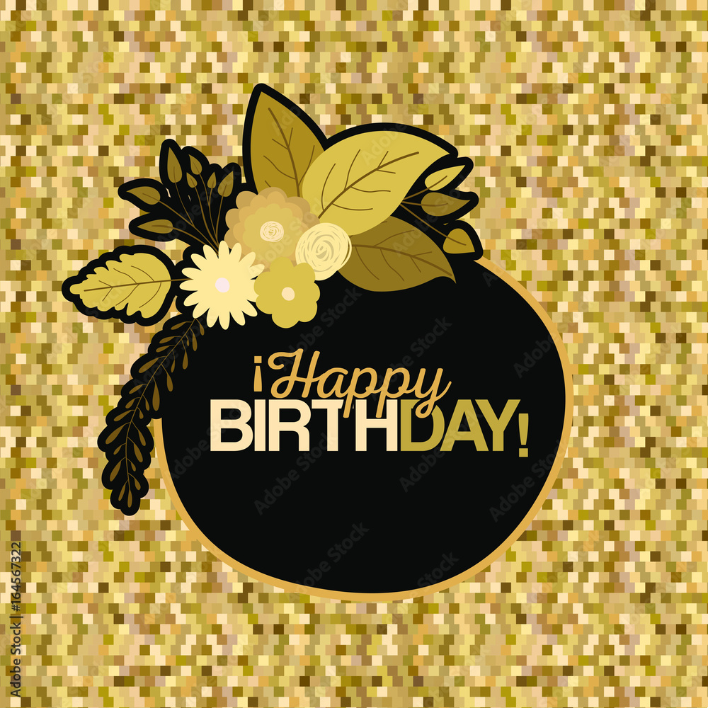 Fototapeta premium sepia color pixel background with circular frame with decorative flowers and text happy birthday inside vector illustration