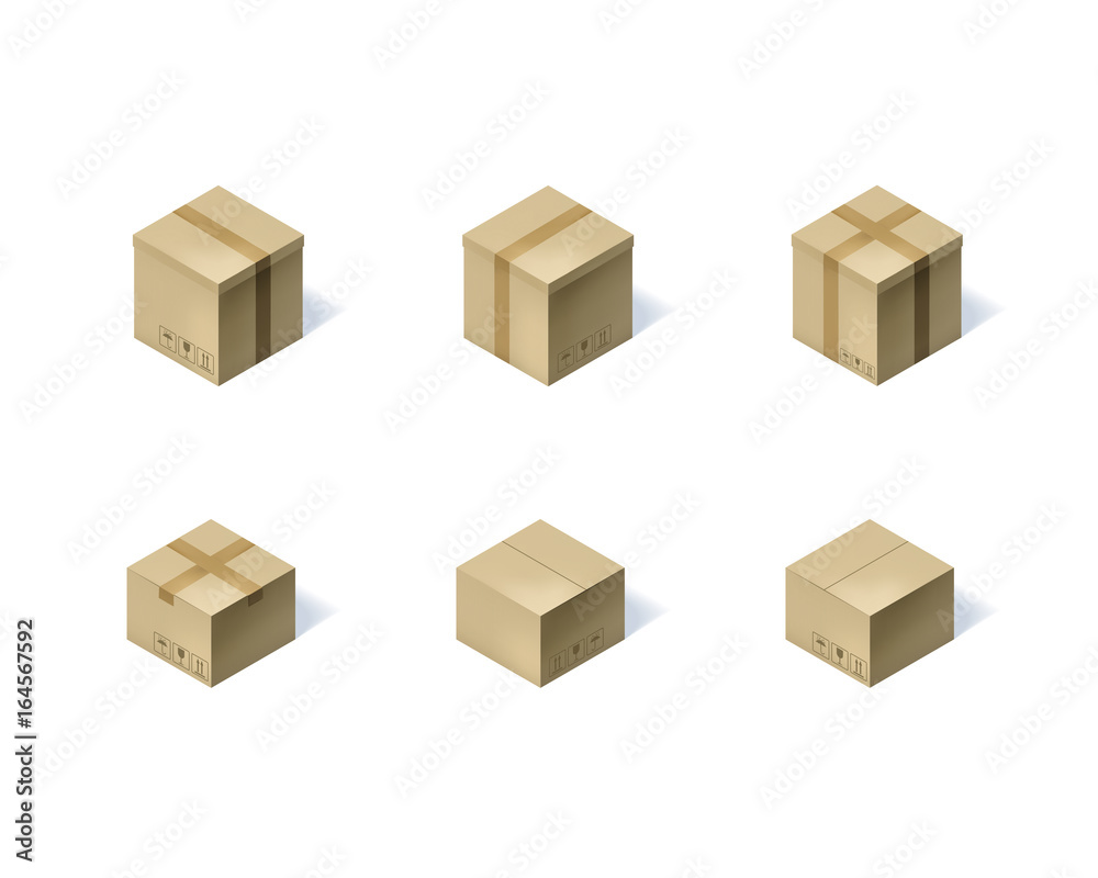 Set of six isometric cardboard boxes isolated on white. Set of six isometric cardboard boxes isolated on white.