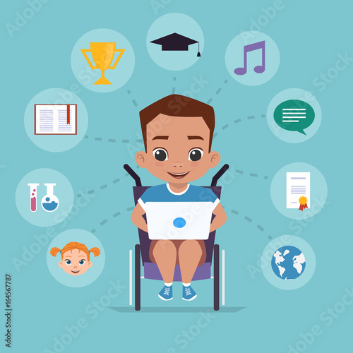 A boy in a wheelchair is studying via the Internet