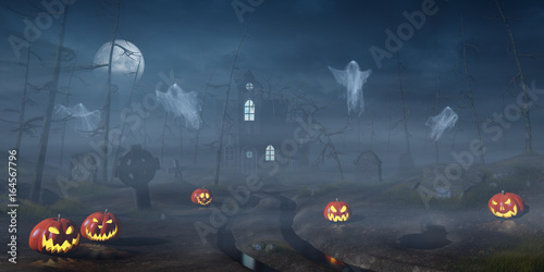 Cabin in a Halloween forest with pumpkin lanterns at night