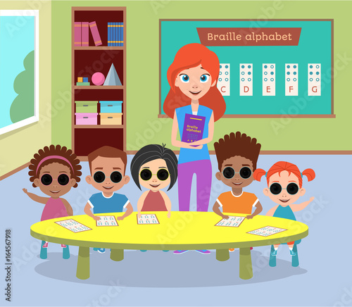 A special class of blind children with glasses. Blind children are handicapped and the teacher is greeted and waved. Learning the Braille Alphabet