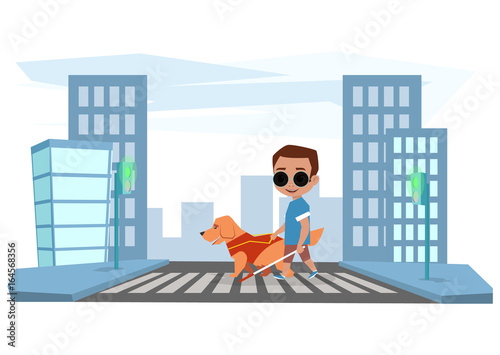 Blind boy crosses the road with a guide dog