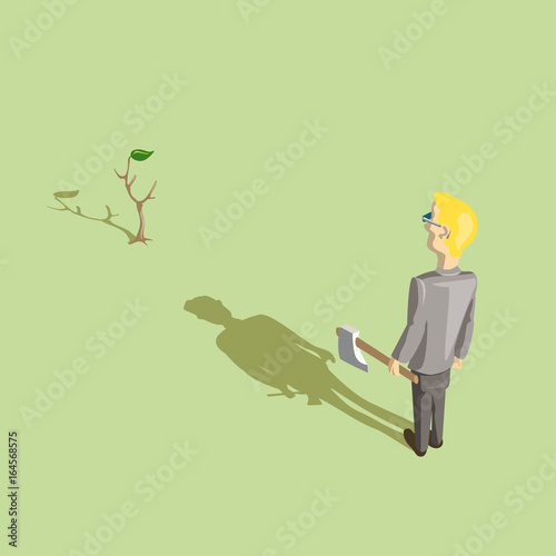 Illustration Mann mit Axt steht vor frisch gepflanztem kleinen Bäumchen