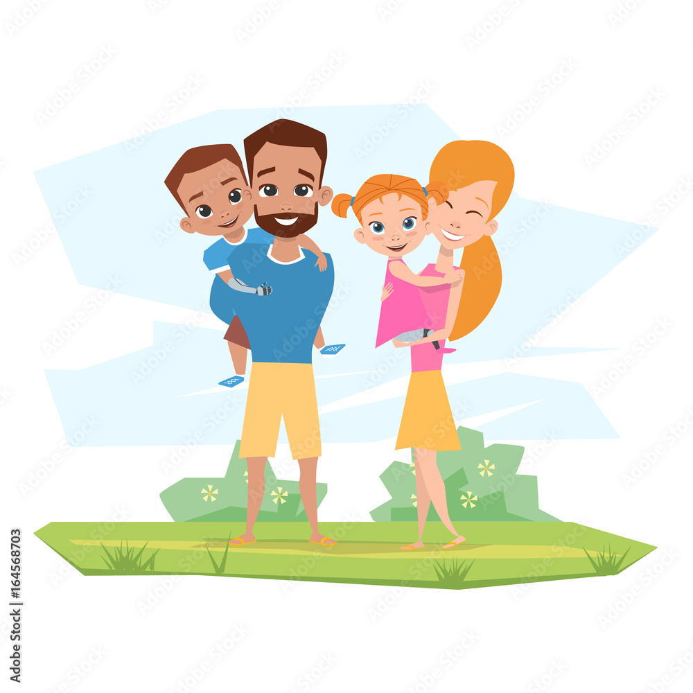 Happy family with children with disabilities embrace in nature Happy family with children with disabilities embrace in nature