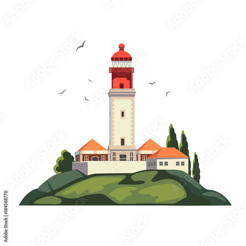 Lighthouse on coast of sea, Lighthouse infrastructure on island. Summer holidays. Cape Rock. Isolated on white background.