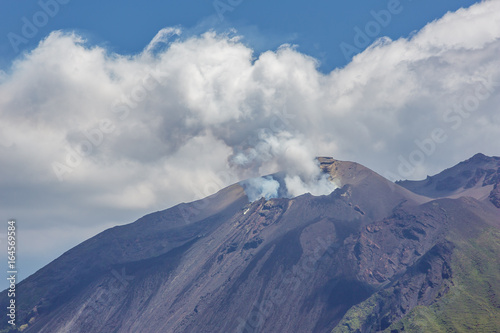 Two smoke plumes coming out of Mt. Stromboli. The volcano has erupted many times. Mt. Stromboli has been in almost continuous eruption for the past 2,000 years.