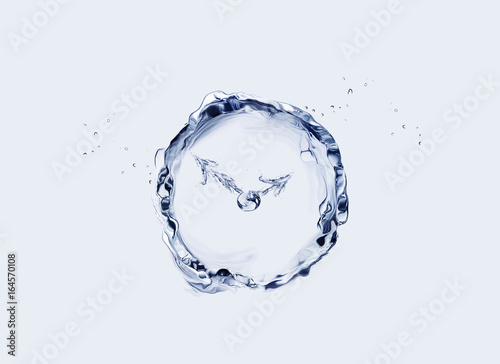 A round, blue clock made of water.