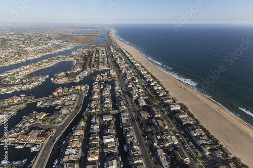 Sunset Beach waterfront homes aerial view in Orange County California.   © trekandphoto
