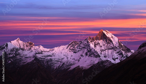 Mount Machapuchare (Fishtail) at sunset, view from Annapurna Base Camp, Nepal, Himalayas
