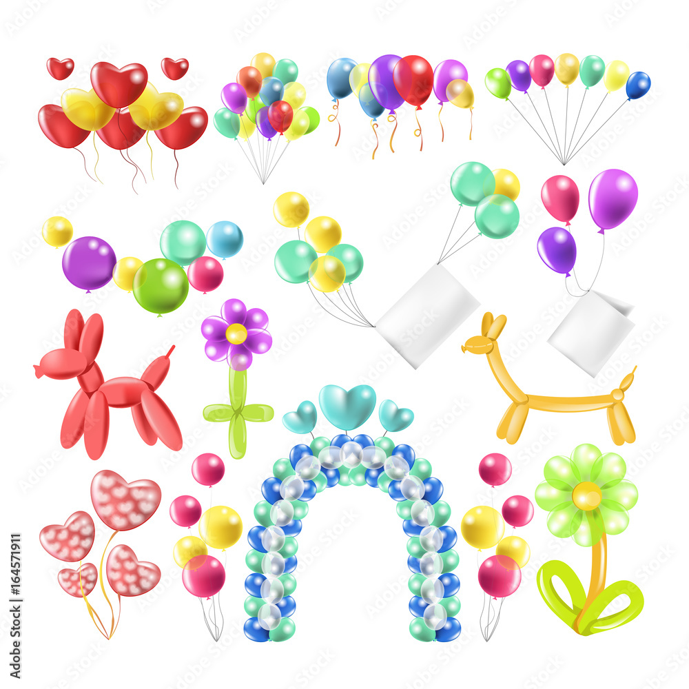 Balloons color glossy inflated in different balloon shape vector icons ...