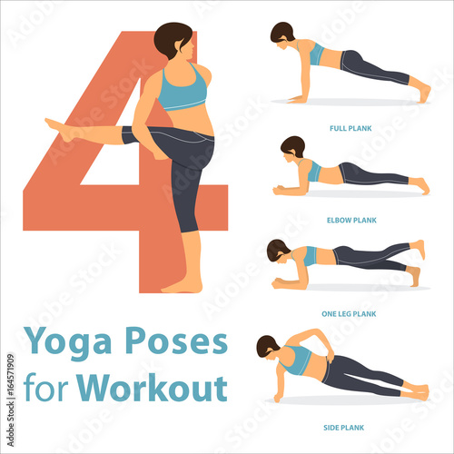 A set of yoga postures female figures for Infographic 4 Yoga poses for workout in flat design. Vector Illustration.