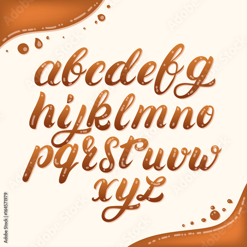 Hand written lowercase alphabet made of caramel.