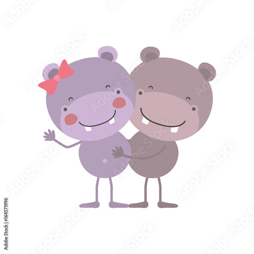colorful caricature with couple of hippos embraced vector illustration