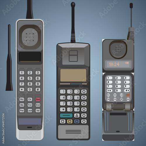 Old Cell Phones flat style vector; Set of old mobile cell phones high detailed front view