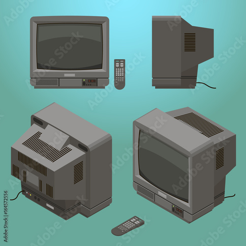 Old fashioned gray television with remote control isometric vector