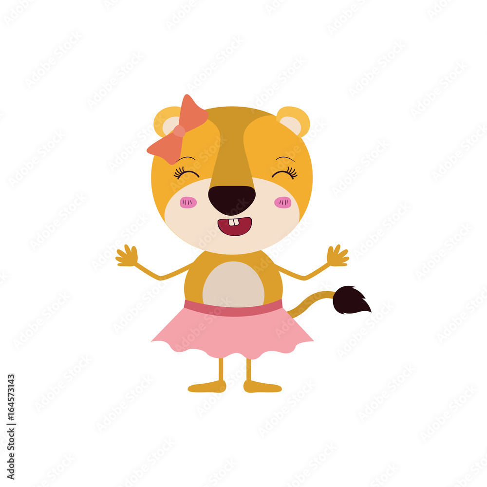 Obraz premium colorful caricature of cute wink eyes expression lioness in skirt with bow lace vector illustration
