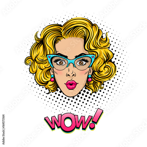 Pop art female face. Sexy surprised young woman head with wide open eyes  open mouth and blonde curly hair in glasses and Wow text. Vector object in pop art retro comic style on white background.