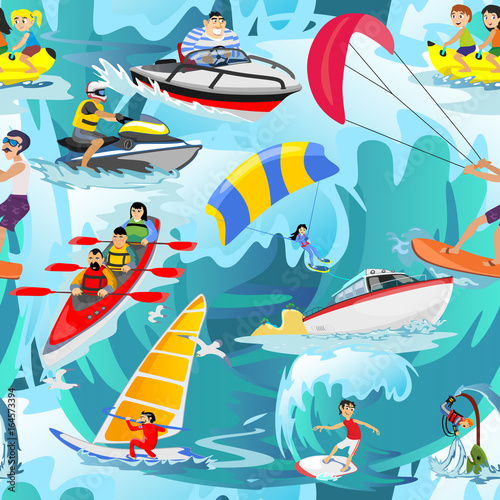 Water extreme sports seamless patterns, design elements for summer vacation activity textile, cartoon wave surfing, sea beach vector illustration, active lifestyle adventure