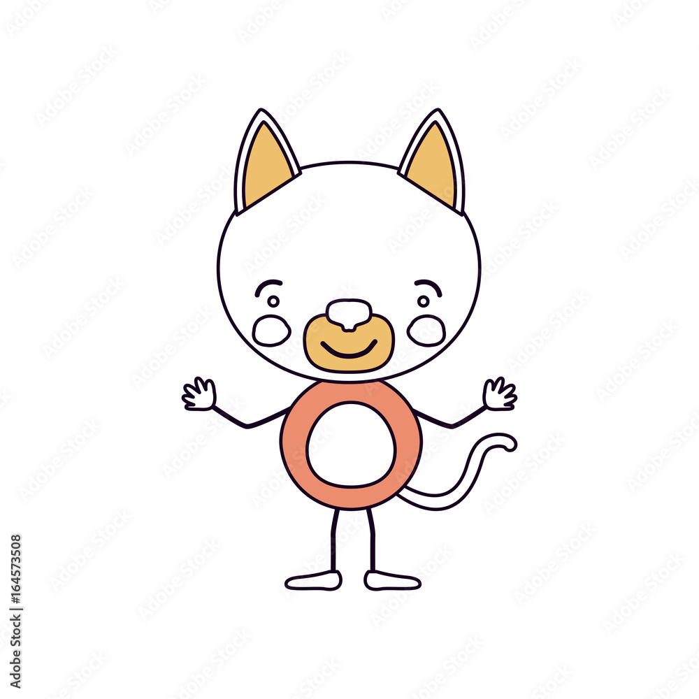 silhouette color sections caricature of cute cat happiness expression with hands up vector illustration