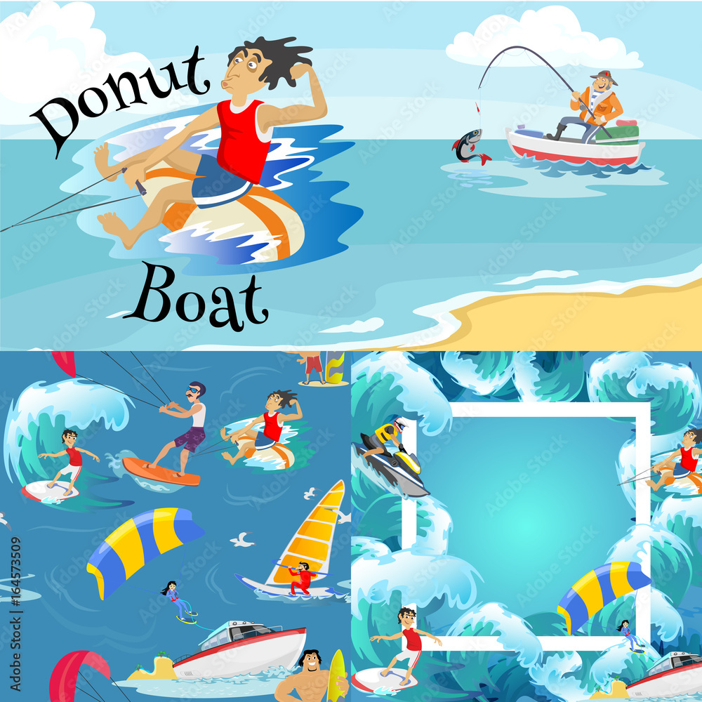 Obraz Zestaw sportów wodnych ekstremalnych tła, elementy projektu na białym tle na wakacje zabawa zabawy koncepcja, surfing fala kreskówka, morze plaża ilustracji wektorowych, przygoda aktywnego stylu życia
