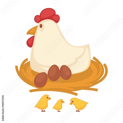 Hen sitting eggs and chicken hatch on nest farm fowl vector icon