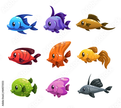 Cute cartoon colorful fishes set.