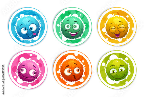 Funny bright round stickers with cartoon fluffy monsters.