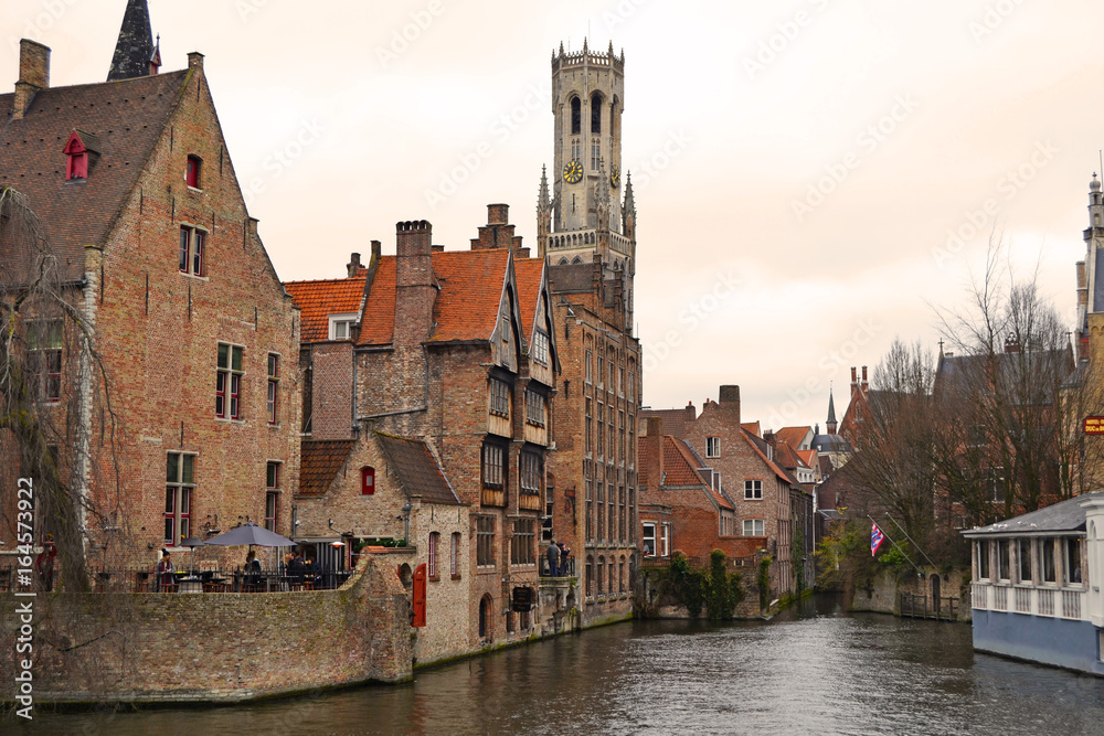 Historic and medieval facade in the old town of Bruges, in Belgium.