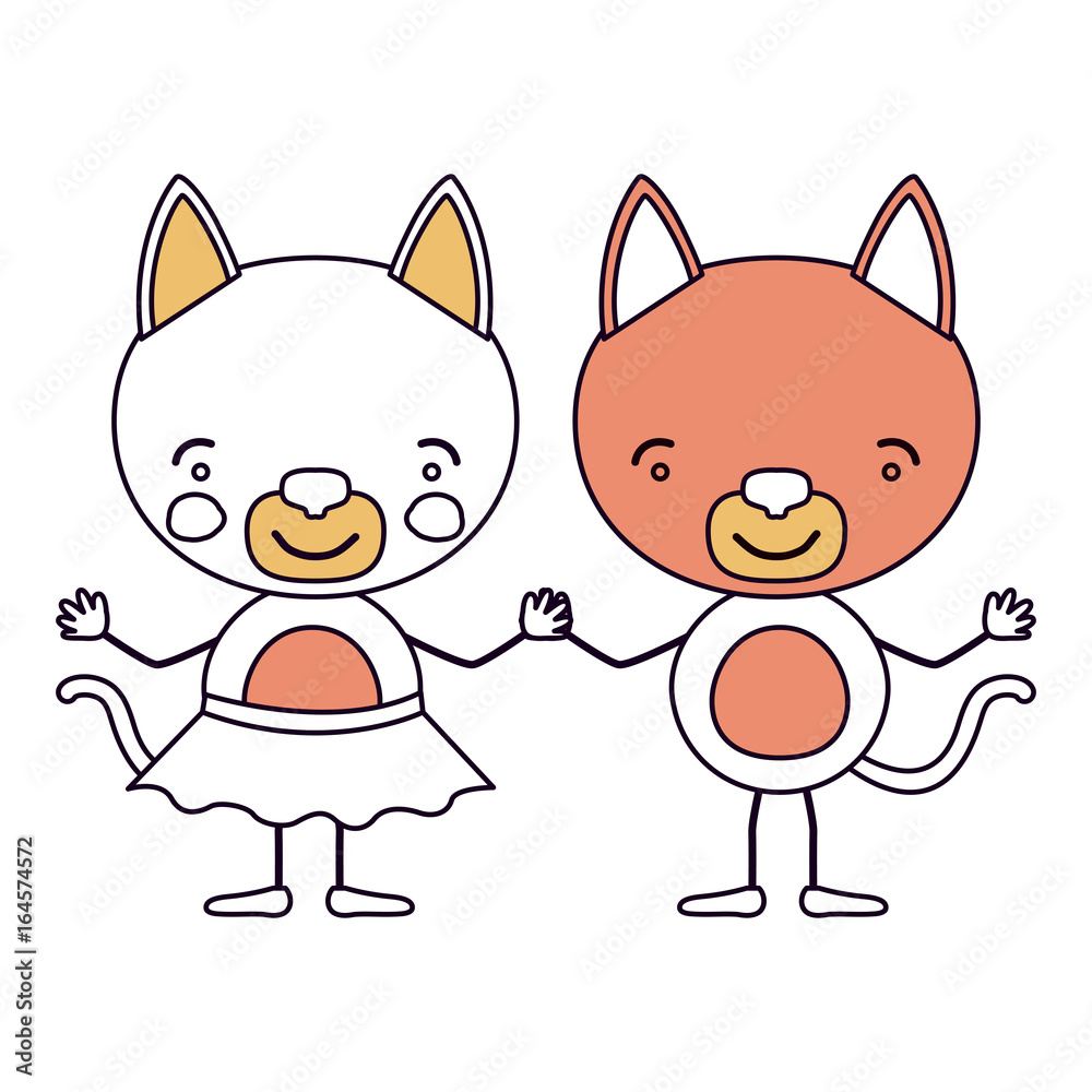 silhouette color sections caricature with couple of kittens holding hands vector illustration silhouette color sections caricature with couple of kittens holding hands vector illustration