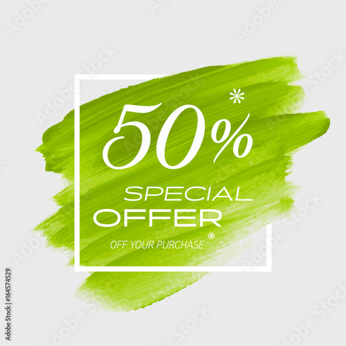 Sale special offer 50% off sign over art brush acrylic stroke paint abstract texture background vector illustration. Perfect watercolor design for a shop and sale banners.