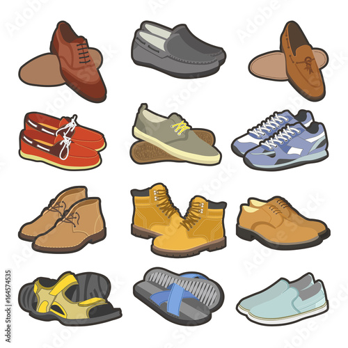 Men shoes boots types vector flat isolated icons set
