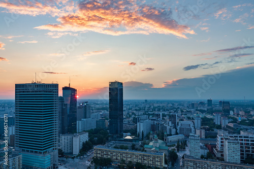 Sunset over Warsaw downtown, aerial view from the top of the Palace of Culture and Science.