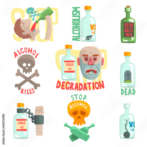 Dangers and risk from alcohol set, alcoholism vector Illustrations