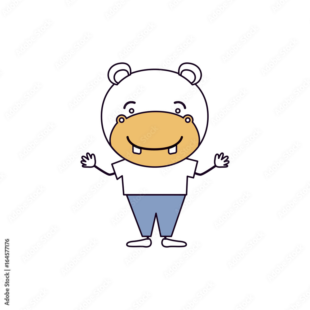 Fototapeta premium silhouette color sections caricature of cute hippo happiness expression with hands up with clothes vector illustration