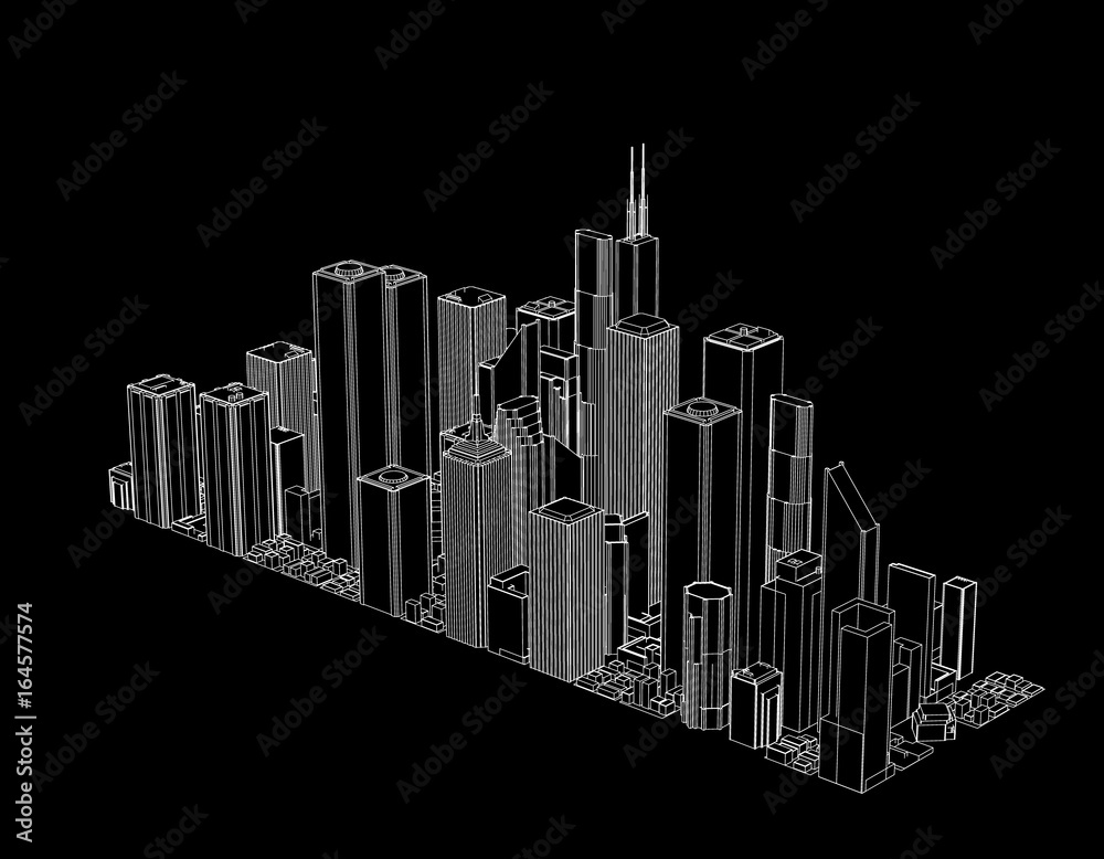 3D model of city. Isolated on black background. Vector outline illustration.