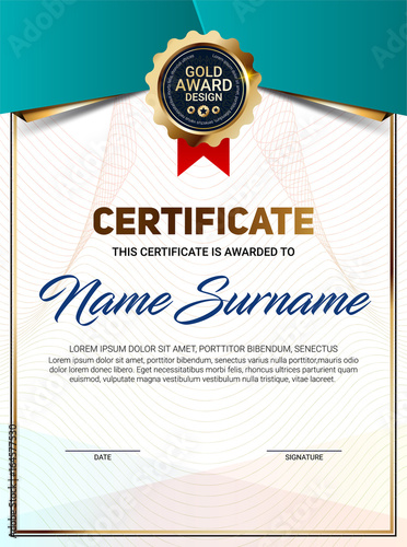Vector certificate or diploma template with luxury line pattern and gold award emblem. In turquoise color. Vector illustration