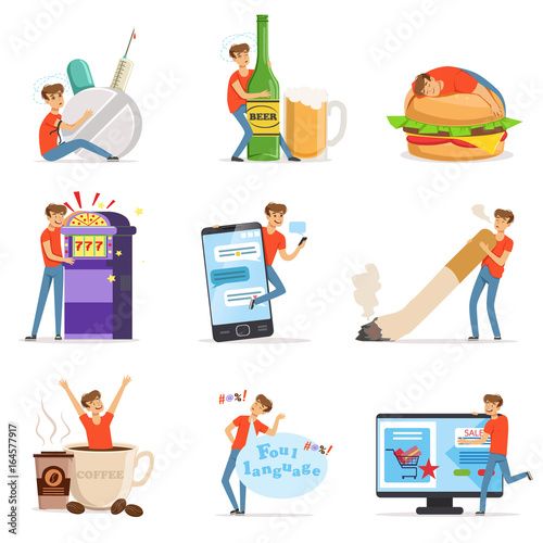 Bad habits set, alcoholism, drug addiction, smoking, gambling addiction, smartphone, shopping, coffeemania, gluttony with obesity vector Illustrations