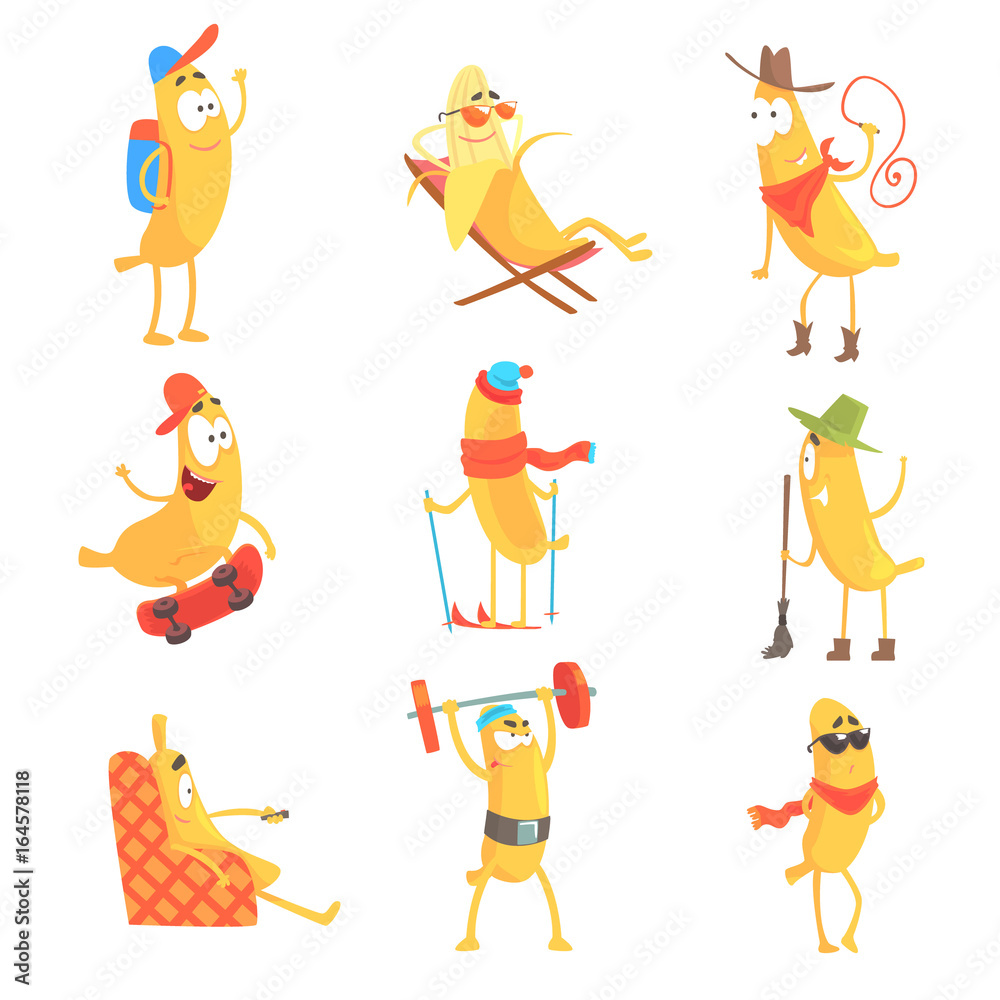Obraz premium Cute happy humanized bananas in different actions set of vector Illustrations