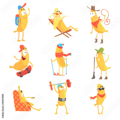 Cute happy humanized bananas in different actions set of vector Illustrations