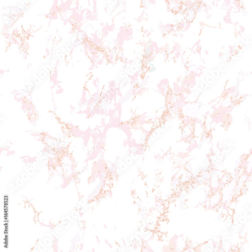 Trendy pink marble texture with rose gold. Patina effect. Seamless pattern. Overlay distress grain. Sequin rose gold. Holiday background. Blush color. Vector. EPS10.