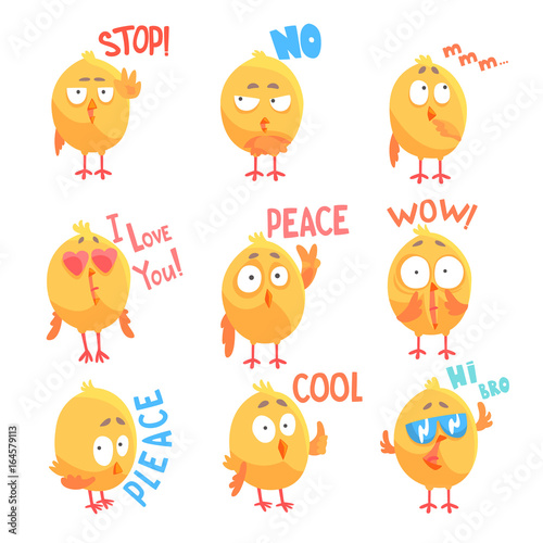 Cute cartoon comic chickens characters with different emotions and phrases set of vector Illustrations